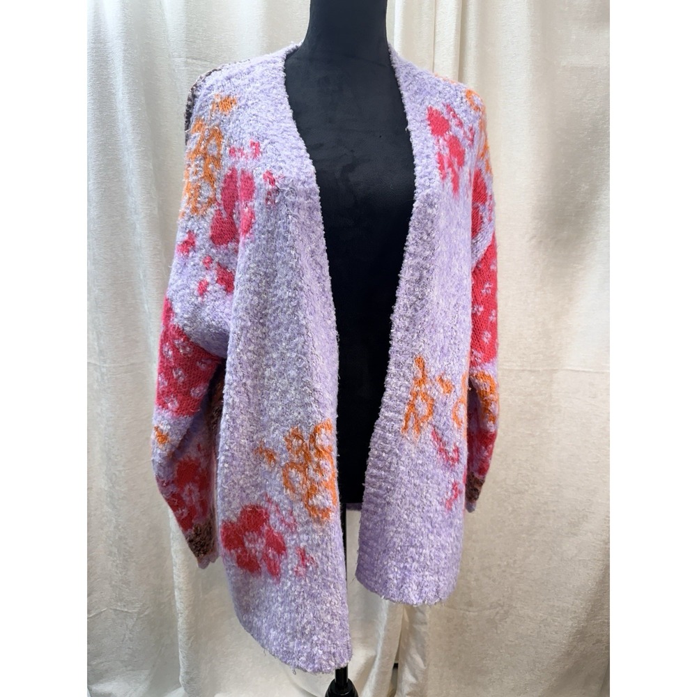 Altar'd State Casey Purple Floral Open Front Fuzzy Cardigan Sweater Size Small